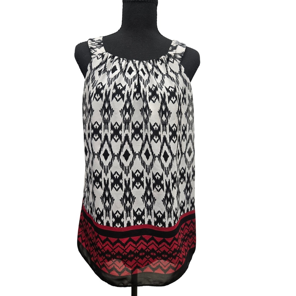 AB Studio Black White Red Ikat Print Top Large Sleeveless High Neck Boho
